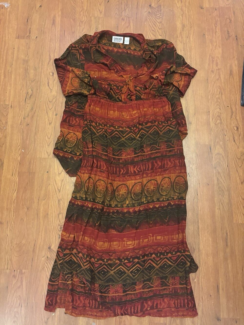 Vintage Chicos Design Flare Boho Brown & Red 2 Piece Skirt & Button-Up Size 1